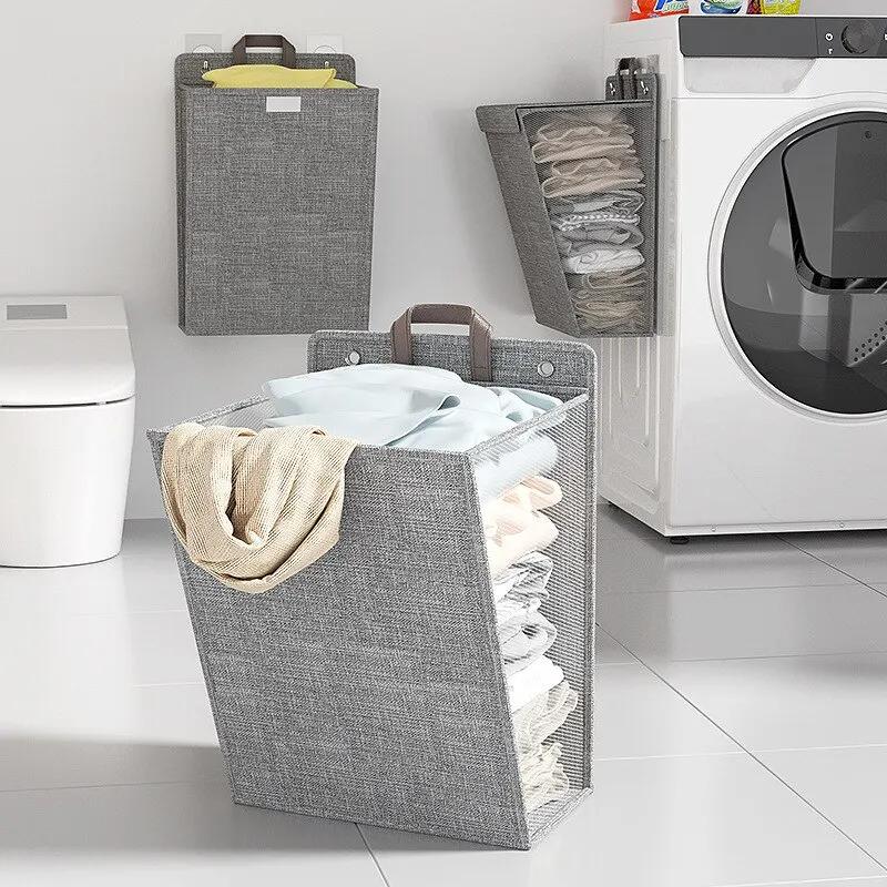 1 multifunctional non perforated wall mounted laundry clothes mesh hook storage device, foldable adhesive laundry basket