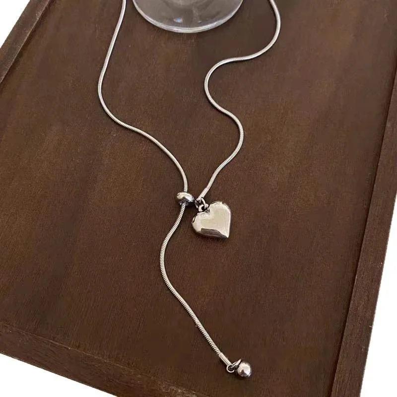 Stainless Steel Exquisite Long Necklace with Heart Pendant Adjustable Chain Sweater Neck Jewelry for Women Accessories Gifts