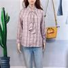 Foreign Trade Original Order Artsy Retro Plaid Shirt Women's Work Clothing Chic Ribbon Stand Collar Pullover Long Sleeves Tops Spring and Autumn
