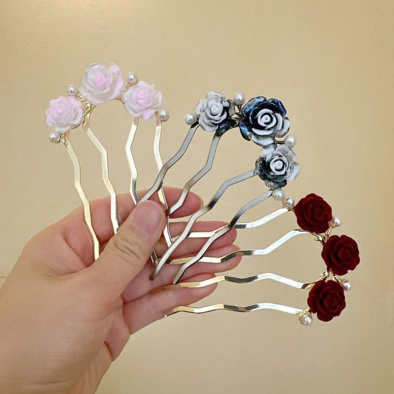 Vintage Red Velvet Rose Flower Hair Stick For Women Girls Elegant Metal U-shaped Hairpin Hanfu Headwear Hair Accessories