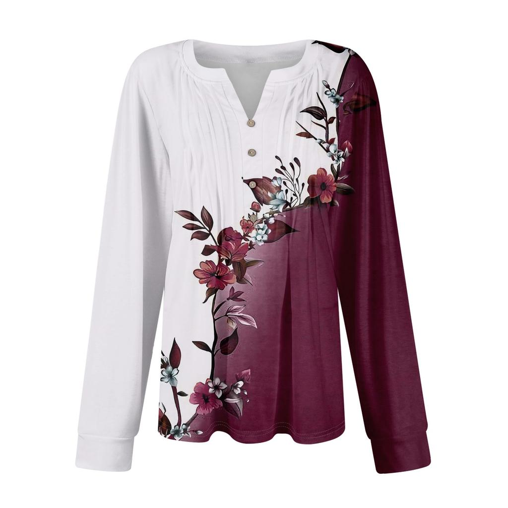 Women's Fashion Puff Sleeves Pleated V Neck Floral Print T-Shirt Tunic Top