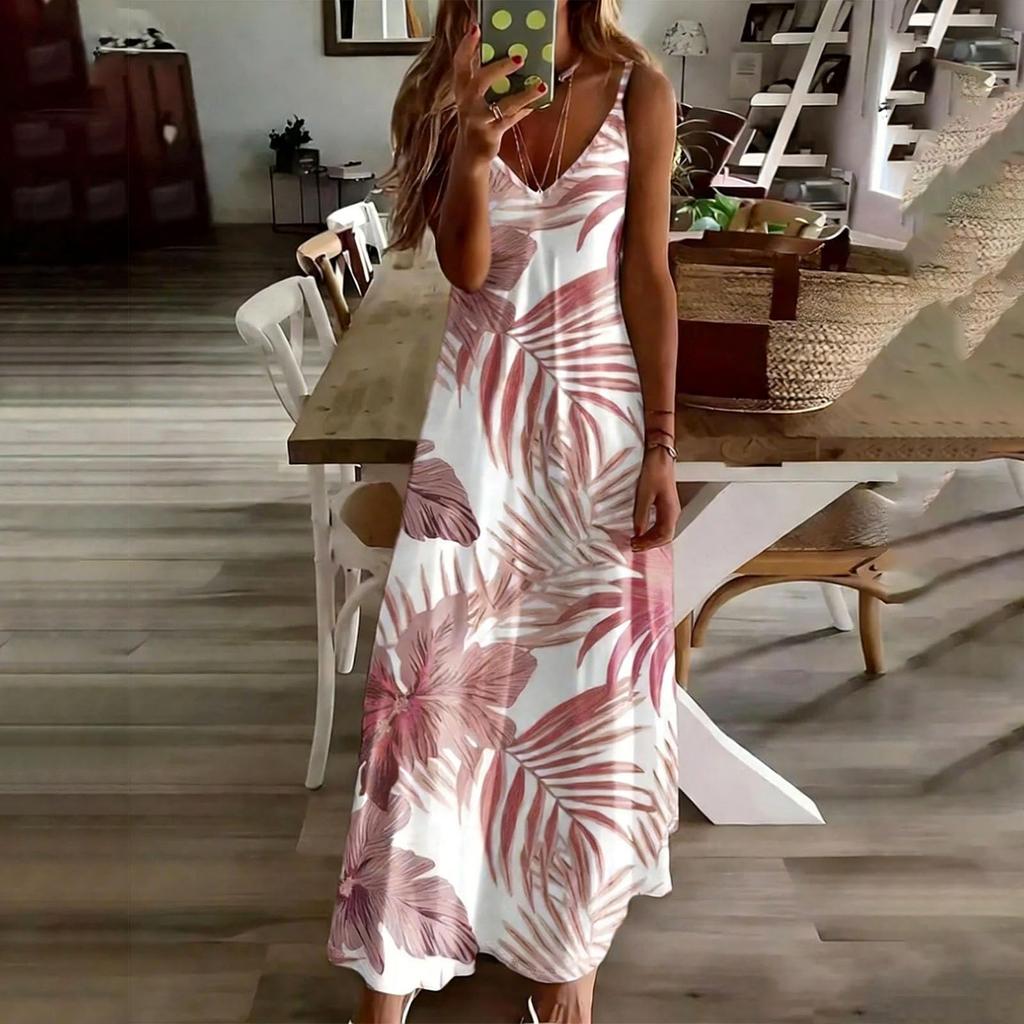 Women’s Long Sleeveless V Neck Printed Maxi Dress Bohemian Floral Spaghetti Strap Summer Casual Loose Fit Sundress