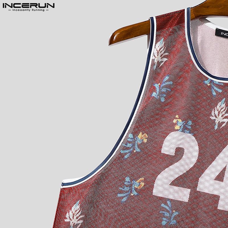 INCERUN Ärmellose Herren-Tanktops aus durchsichtigem Netz mit Print, Racerback