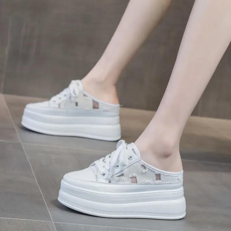 8cm Canvas Shoes Slippers Platform Wedge Sneakers Slides Mules Shoes for Women Fashion Summer Shoes Sandals Zapatillas De Mujer