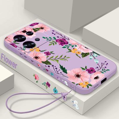 Purple Floral Print Slim Shockproof Case Shell For Xiaomi 13T Poco F6 Pro X6 X5 Redmi Note 14 Pro 13 12 11 Lanyard Silicone Matte TPU Soft Phone Cover