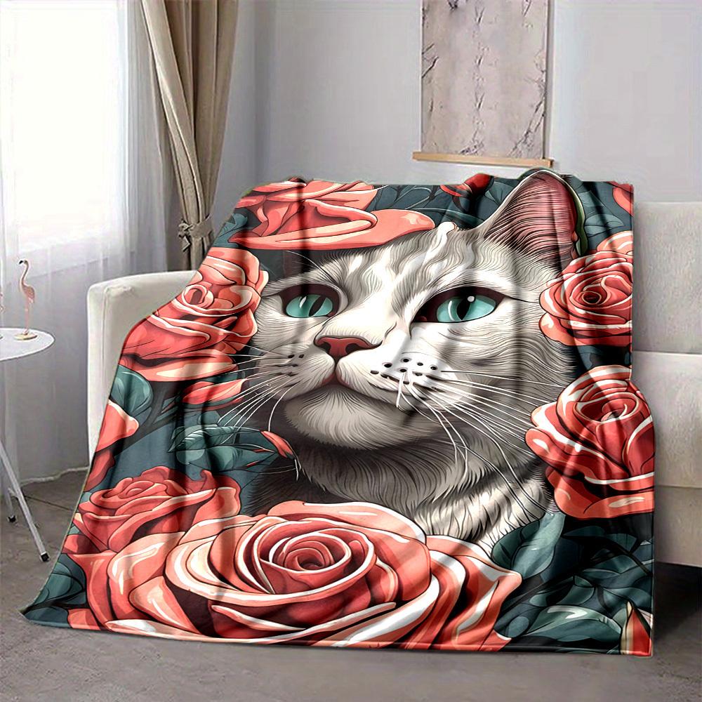 1pc Floral Cat Lightweight Flannel Blanket, Comfortable and Warm Blanket, for Office and Camping Sofa Bed001