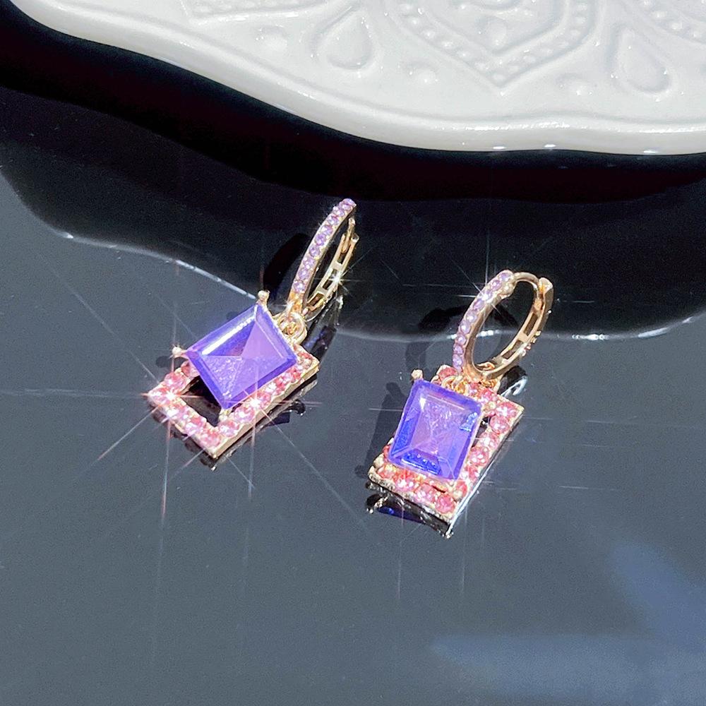 Vintage Purple Square Rhinestone Ear Clips Minimalist Elegant Earrings for Round Square Faces