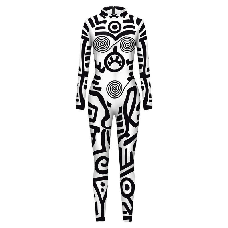 

Costume women s new black and white retro abstract pattern digital printing Halloween performance one-piece costume M