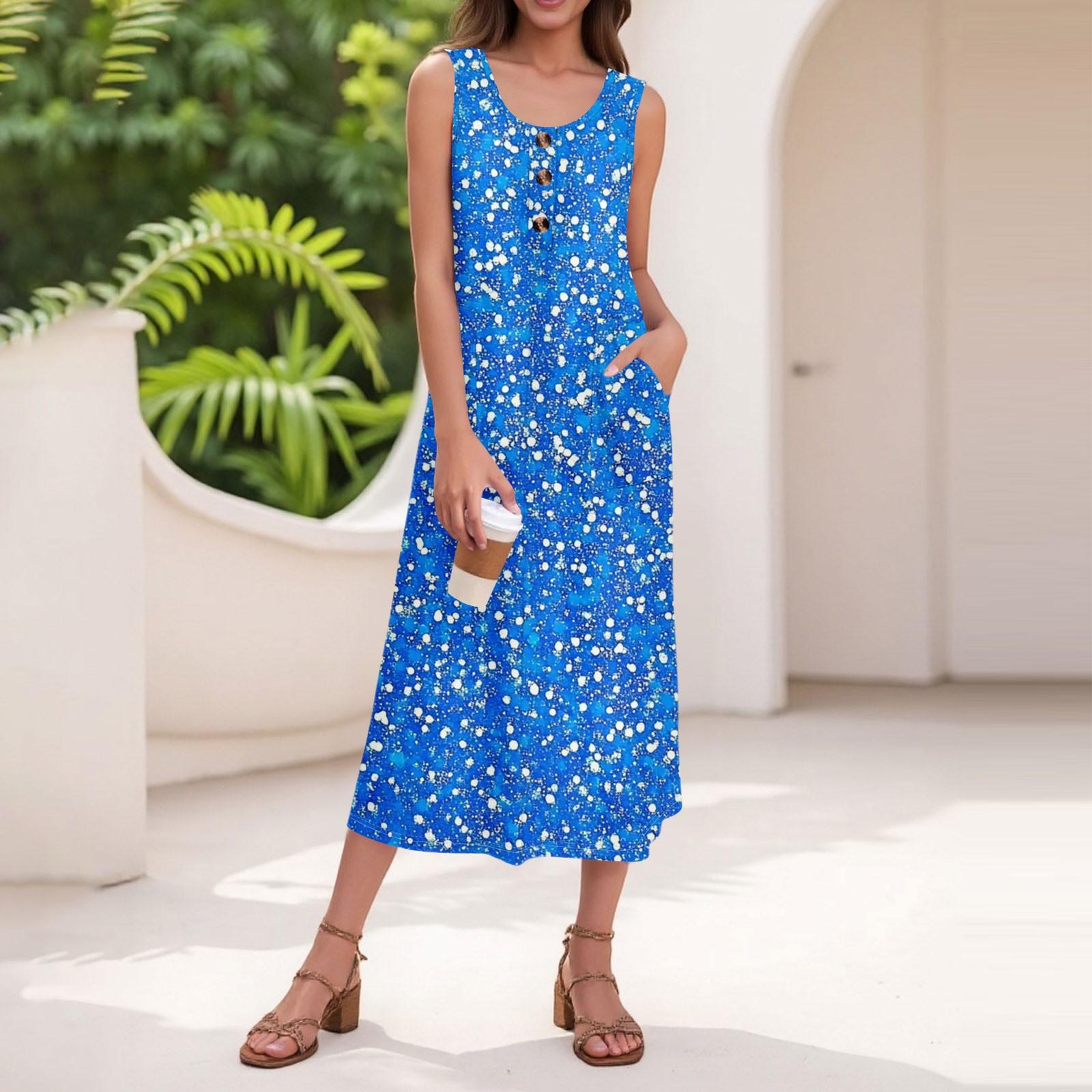

Women s Summer Casual Fashion Floral Print Sleeveless Button Casual Long Dress M синій