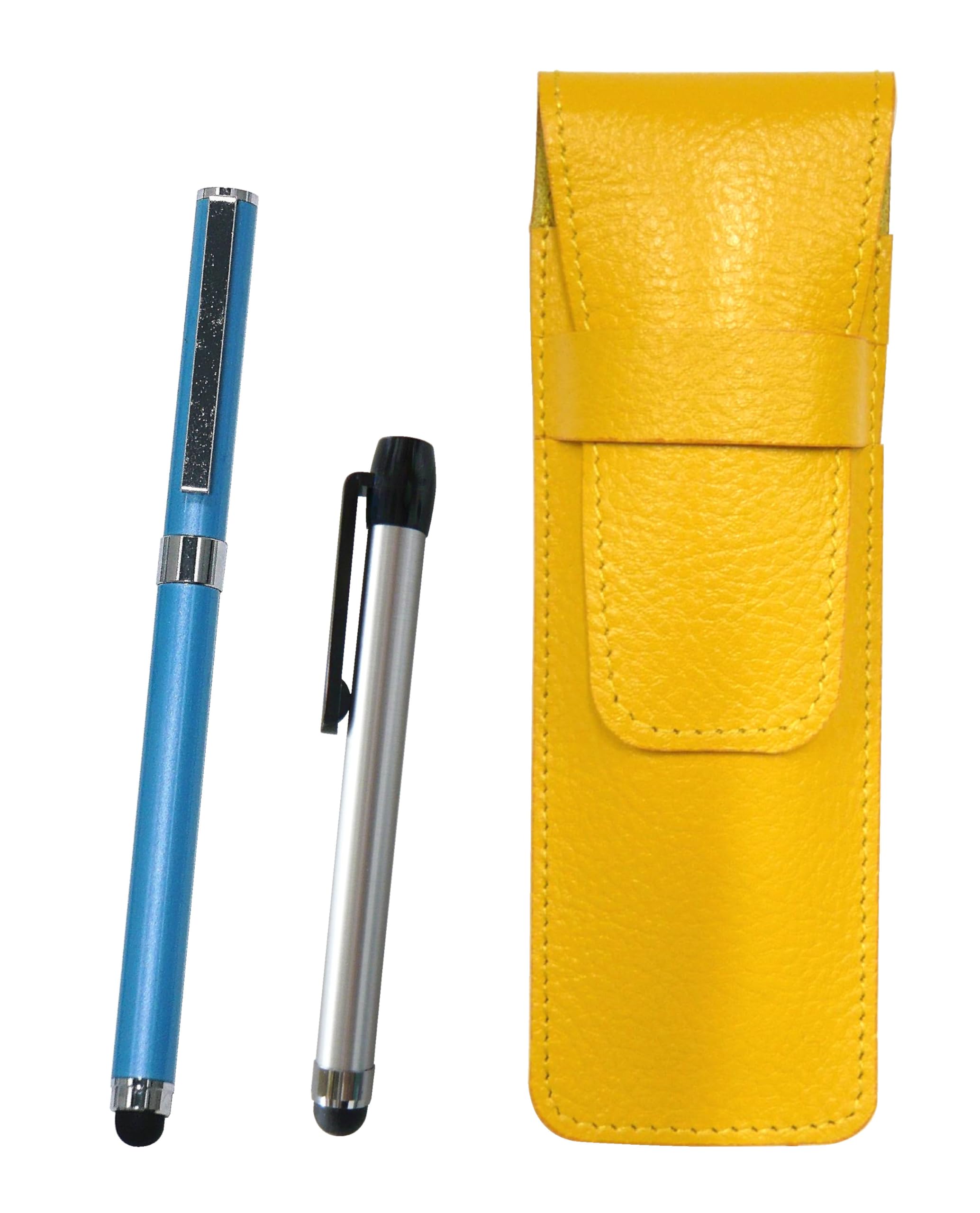 

Yellow grained leather pen case with extra set of silver metal touch pen and smartphone touch metal cap ballpoint pen (blue) SASY-ALST-QSJW700-L