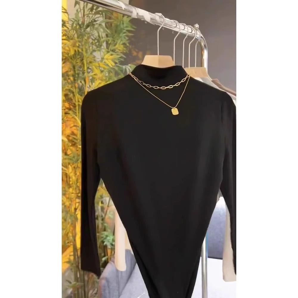 Women's Black Semi-High Neck Slim-Fit Long-Sleeve T-Shirt, Autumn/Winter with Pleated Waist