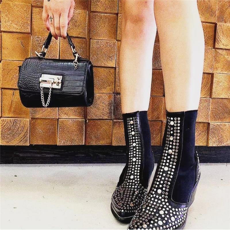 Square Heels Classic Fashion Rivets Elastic Ankle Boots Shoes Women Chelsea Boots