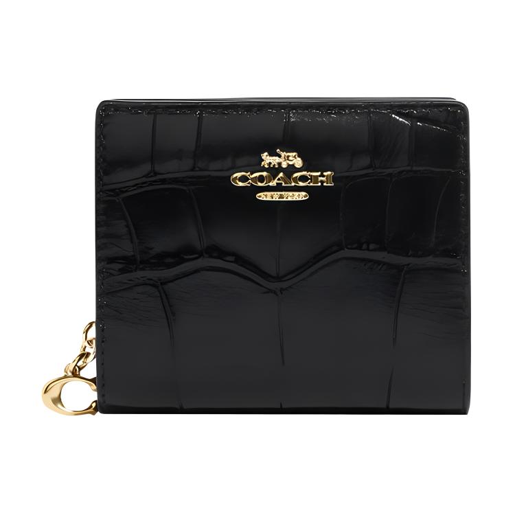 New COACH Snap Wallet Crocodile Embossed Leather With Smooth Leather Card Holder, Wallet Women's Black C6092-IMBLK