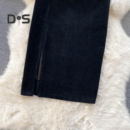 Dámská sukně dělená jednobarevná sukně s vysokým pasem měkká tlustá hřejivá měkká vložka dojíždění elegantní styl zapínání na zip délka do poloviny lýtek midi sukně