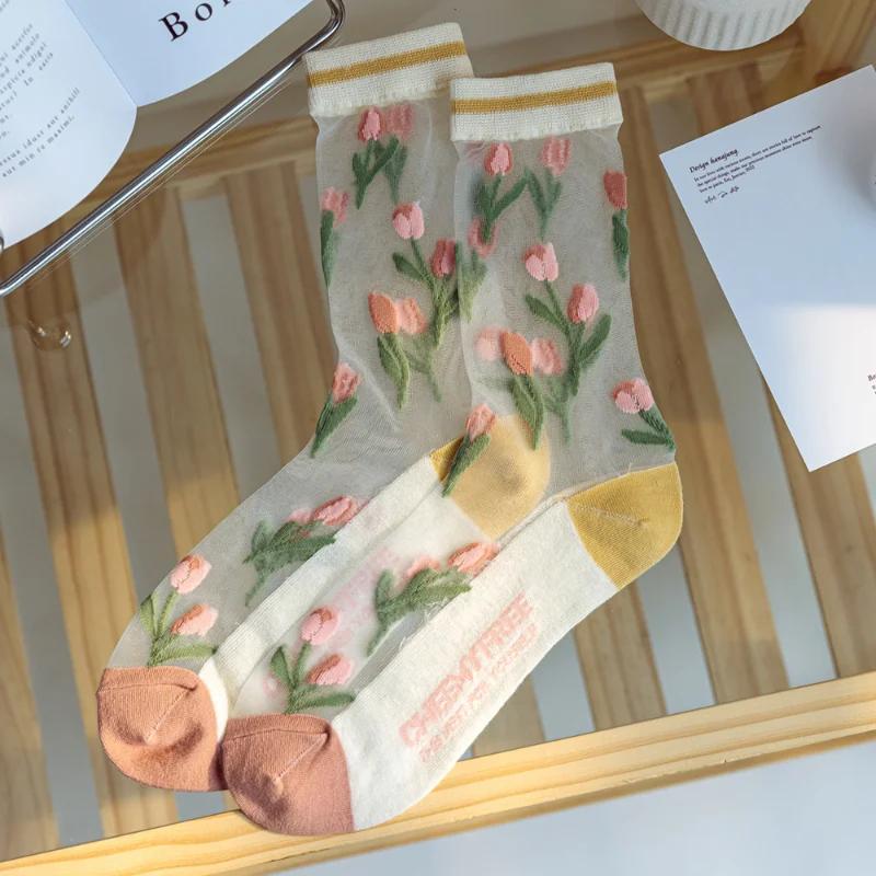 Summer Thin Mesh Stocks for Women Tulip Rose Flower Crystal Glass Silk Socks Korean All-match Light Visible Mid-calf Stocking