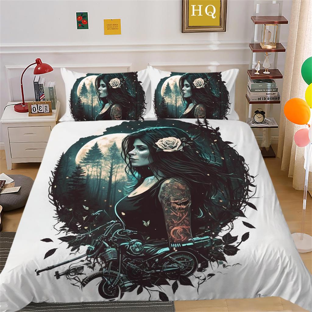 3D Beauty Skull Head Bedding Set Beauty Skull Head Motorcycle Pattern Quilt Cover Pillow Case 2/3 Pieces Microfiber Fabric Full Size Home Decoration