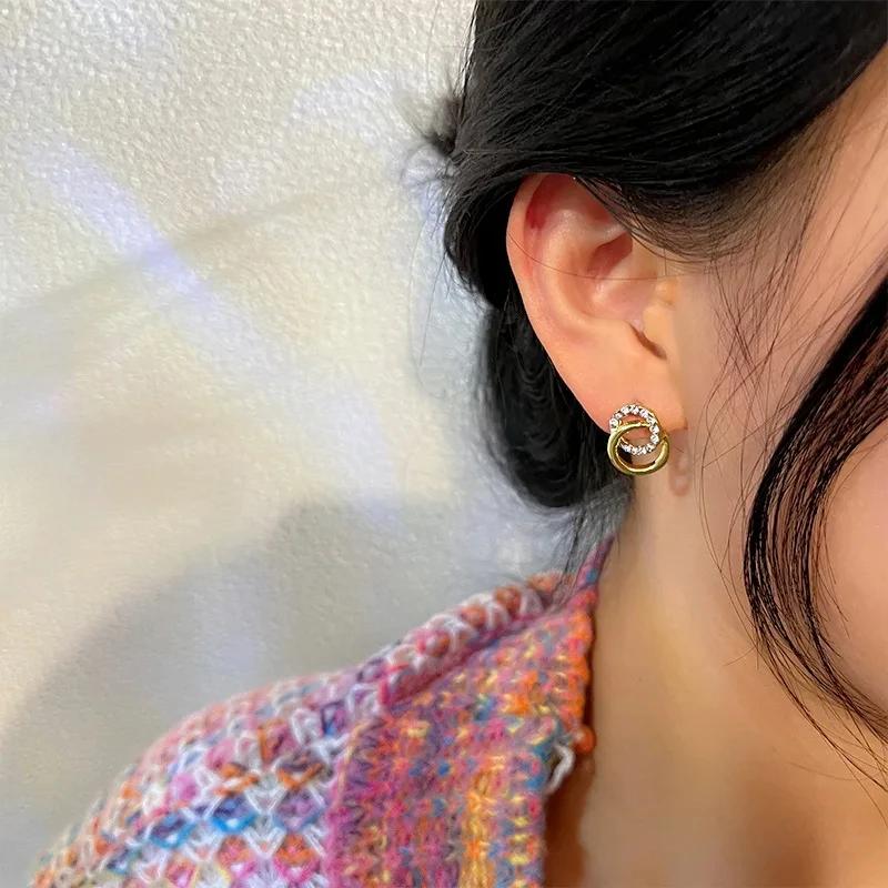 FTCY Gold Color Double Circle Stud Earrings For Women Korean Exquisite Simple Metal Crystal Earring Luxury Party Jewelry Gifts