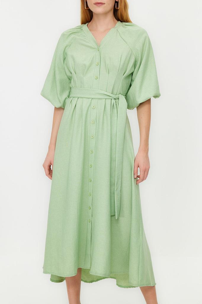 Women's Fashion Linen Look Woven Shirt Dress with Stone Belt and Half Balloon Sleeves
