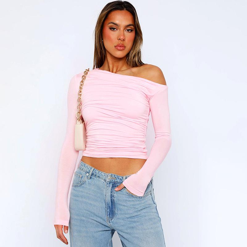 Women's One-Shoulder Ruched Long Sleeve Cropped Top - Autumn Style
