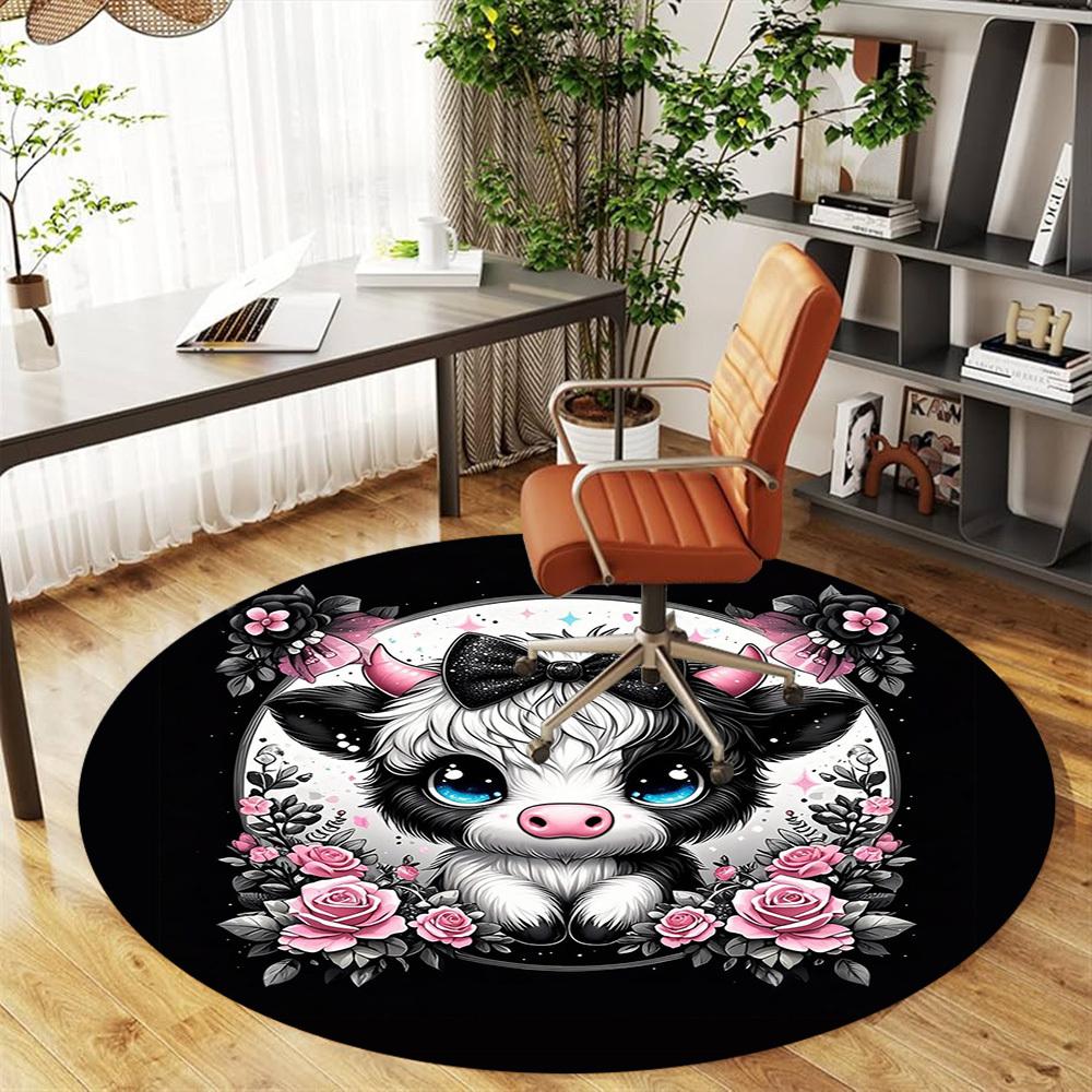 1PC Cute Cow Floral Cute Round Chair mat Area Rug - Non-Slip, Floor Mat for Office, Bedroom, home decor Christmas Gift c0528016
