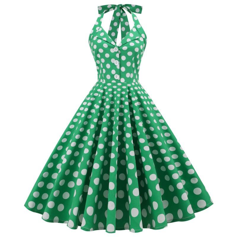 Hepburn lapel women's clothing polka dot neck backless medium long pendulum, retro dress