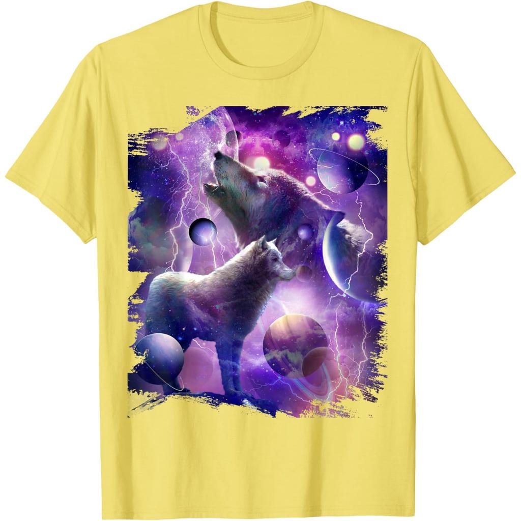 Cosmic Wolf Howling Graphic Tee Men Casual Round Neck Breathable Cotton Print Tshirt