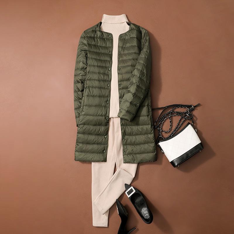 

Женский пуховик средней длины, легкий, с отложным воротником, осень/зима, стиль от круглого до V-образного выреза. XXL армия зеленый