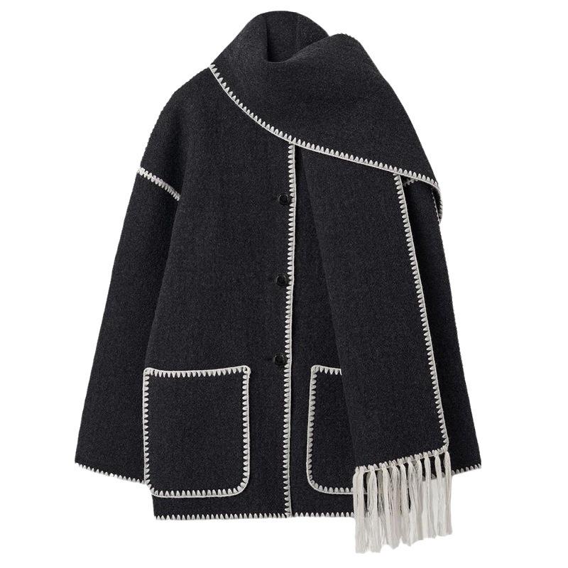 European and American Women's 2023 Autumn/Winter Woolen Coat with Scarf Tassels - Thickened and Loose Fit