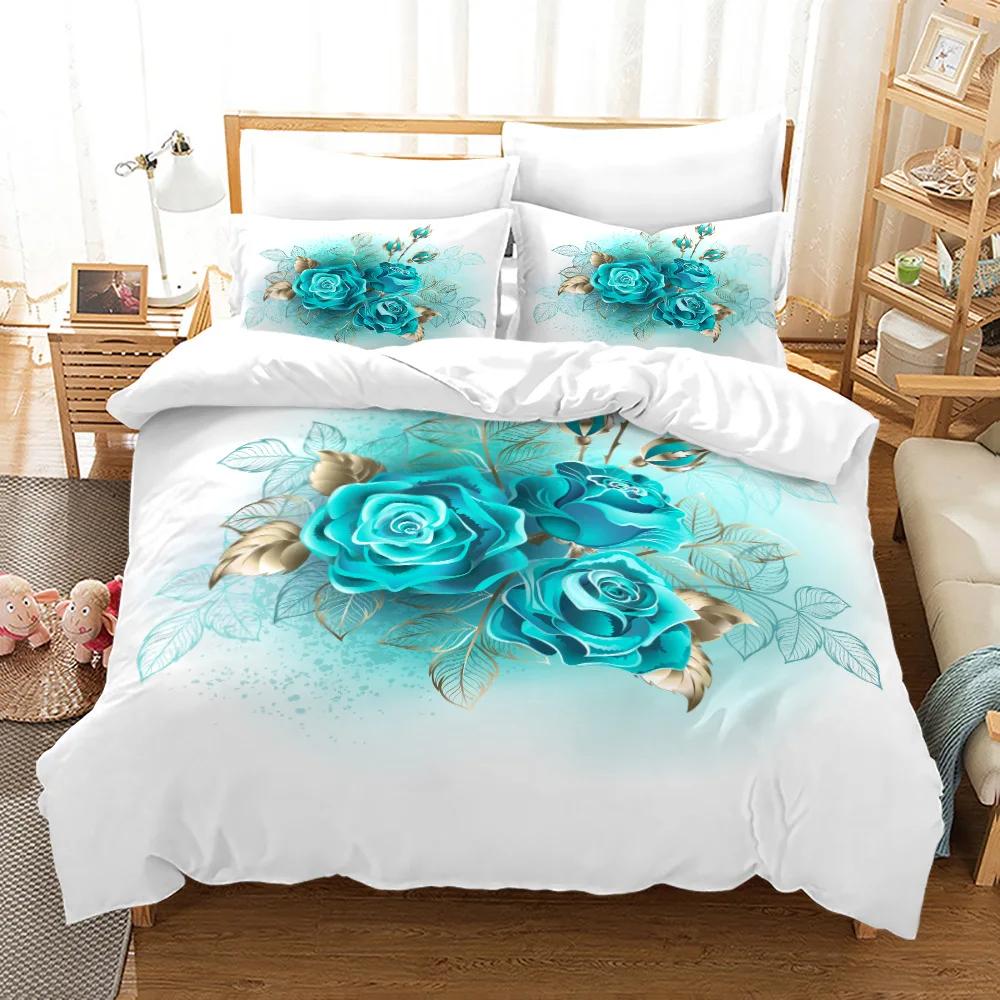 Rose Polyester Påslakanset King Full Size Röd Blomma Blommor 3D-tryckt Romantiskt För Flickor Kvinnor Par Älskare Sängklädesset