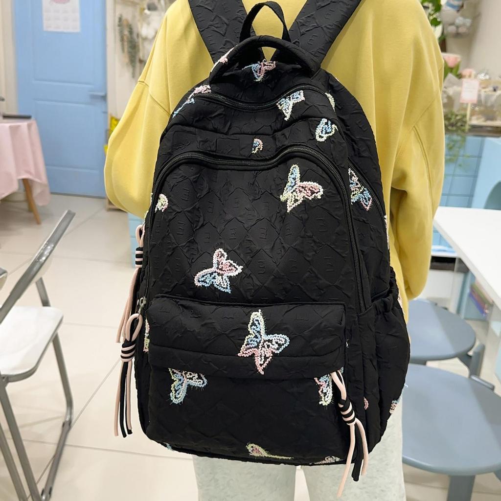 Butterfly Embroidery Backpack Casual Daily Bag Large Capacity School Bag for Students Commuters Minimalist Fashion Design with Tassel Details