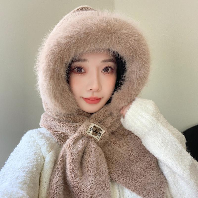 Süße Plüschmütze, Schal, integrierte Mütze, Damen, Winter, verdickte, winddichte, einteilige Mütze, kältebeständiger und warmer Schal, Ohrenschutz, Mütze, Flut