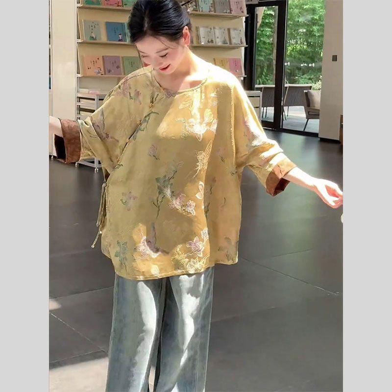 

New Chinese-Style Women s Clothing, National Style Tops, Young Style Retro Improved Tang Suit, Light Luxury High-End Blouse for Women, 2026 New Model Yellow Top S
