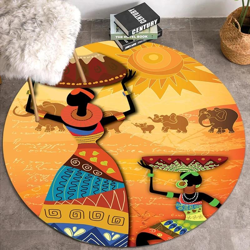 African Women Print Round Carpet Non Slip Area Rug for Living Room Bedroom Balcony Kitchen Decor Traditional Floor Mat Yoga Mats