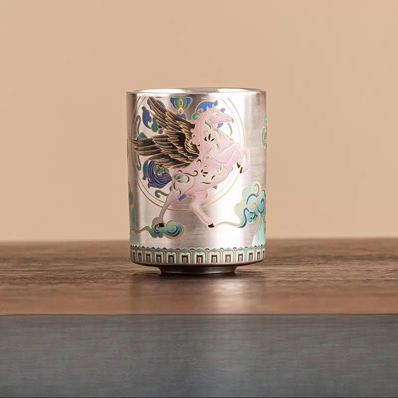 

999 Gilded Silver Tea Cup Chinese Kung Fu Straight Cup Household Small Capacity Tea Cup Drinking Utensils Teaware Gift Box Set 4.5x6cm 60ml