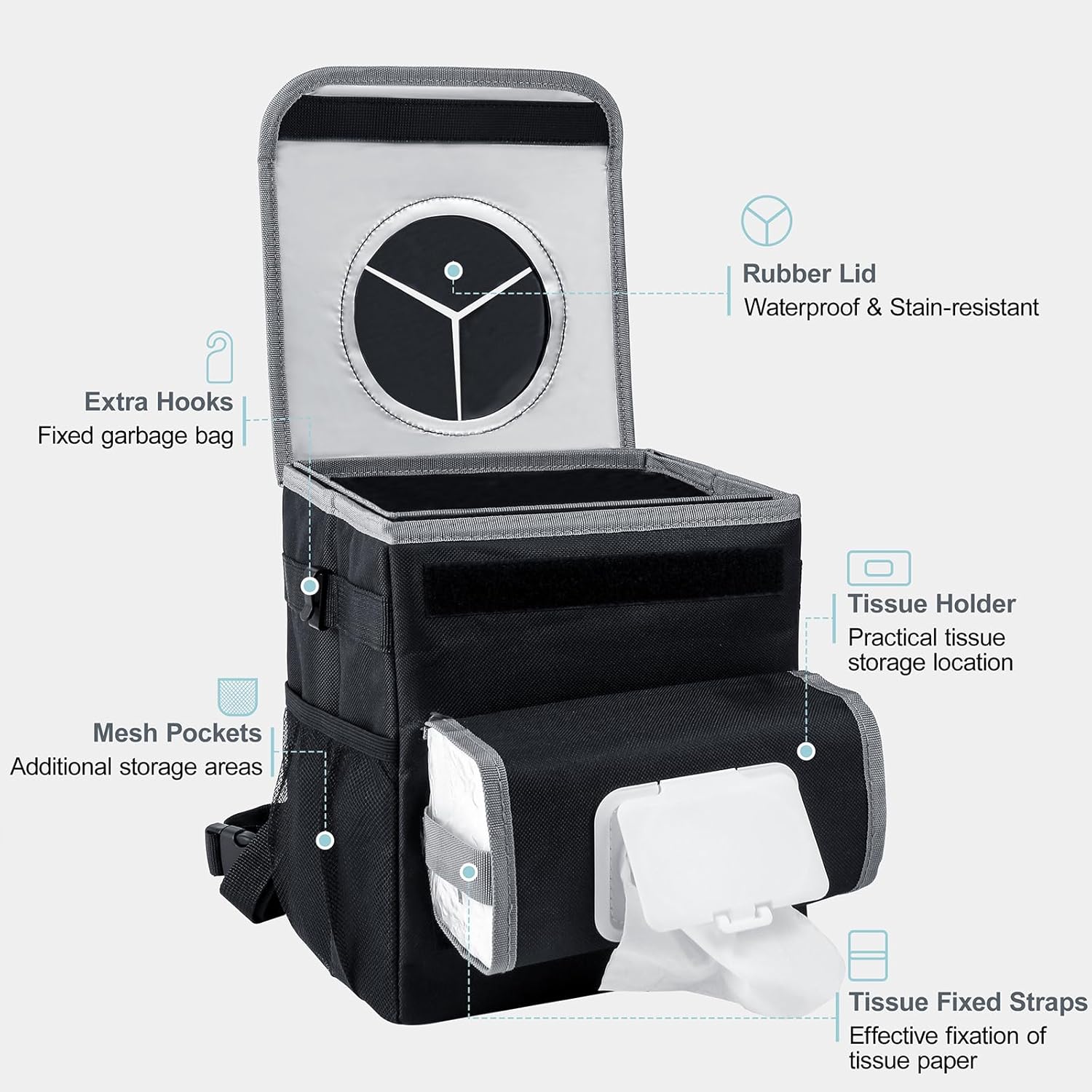 

Car Trash Can with Leakproof Liner & Tissue Holder, 2 Gallon, Black чорний