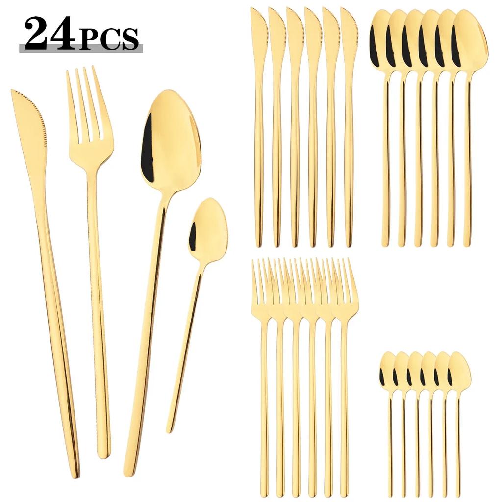 24pcs Black Mirror Dinnerware Set Knife Fork Coffee Spoon Cutlery Set Stainless Steel Flatware Western Party Kitchen Tableware