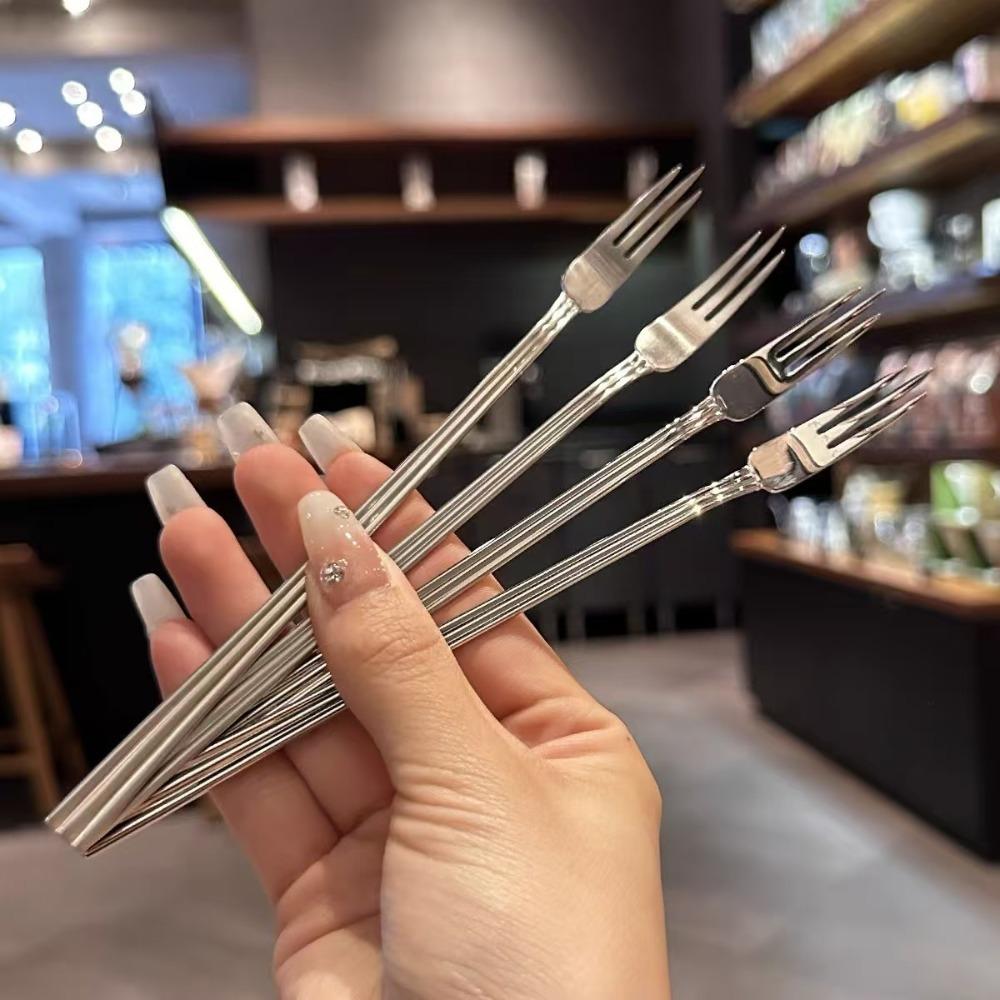 10PCS 3-toothed Stainless Steel Slender Fruit Fork Reusable Extended Handle Afternoon Tea Fork Rust-proof Salad Fork Party