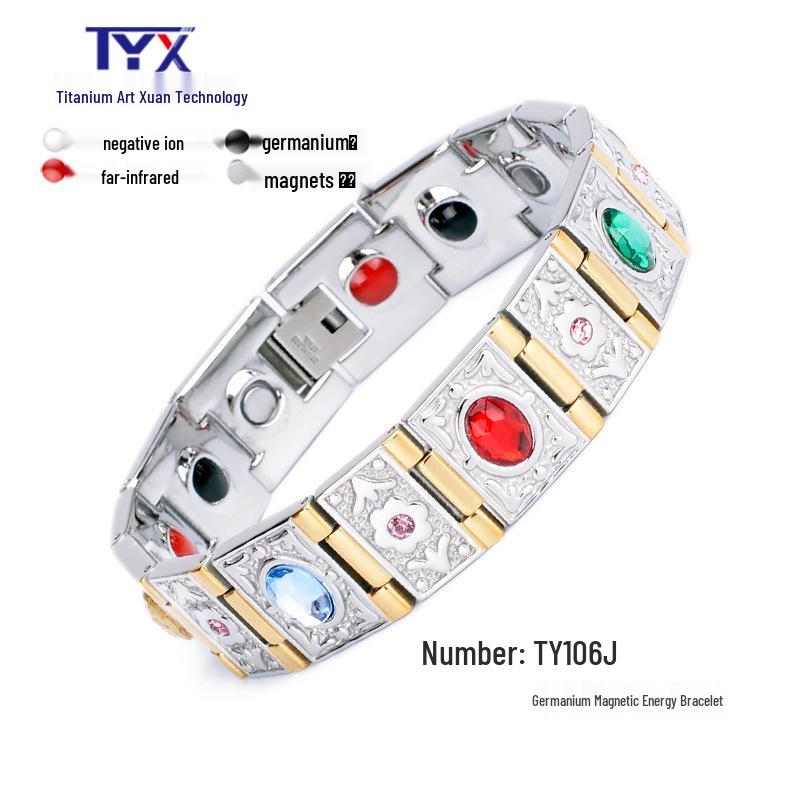 Men's Stainless Steel Magnetic Bracelet with Germanium & Diamond Elements, Titanium Steel, 106 Gemstones