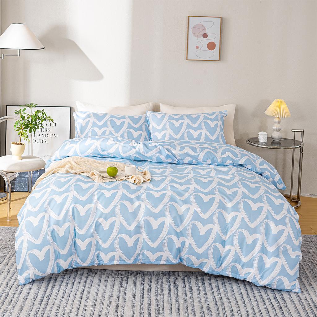 3-piece Heart-shaped Printed Duvet Cover Set-blue Gray Soft Skin-friendly Duvet Cover Bedding Set