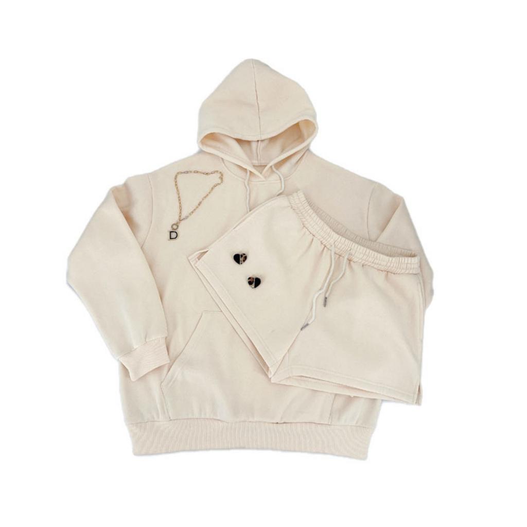 Autumn and Winter New Product Solid Color Thickened Velvet, Hooded Long Sleeve Hoodie, Women's Fashion Casual Shorts Set
