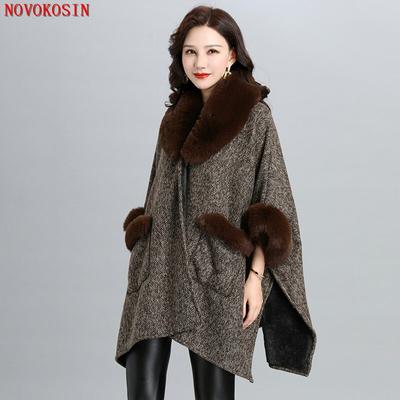 2023 Women Winter Long Loose Batwing Sleeves Cardigan Cloak Warm Thick Velvet Big Faux Fox Fur Collar Poncho Coat With Pocket