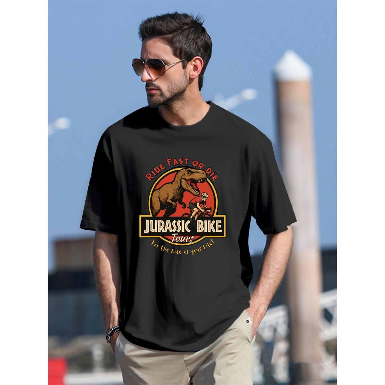 Jurassic Bike Tours T-Rex Mountain Biker Tee – Ride Fast or Die MTB Shirt L