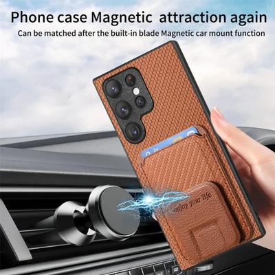 Carbon Fiber Stand Handyhülle für Samsung Galaxy S23 FE S22 S24 Ultra Plus A15 A25 A24 A35 A05 A05S Brieftasche mit Kartenhalter