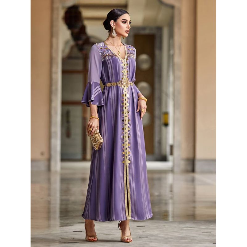 New Arrival Middle East Elegant Graceful Ruffle Sleeve Hand-Stitched Diamond Dress Dress Sewing Diamond Dress