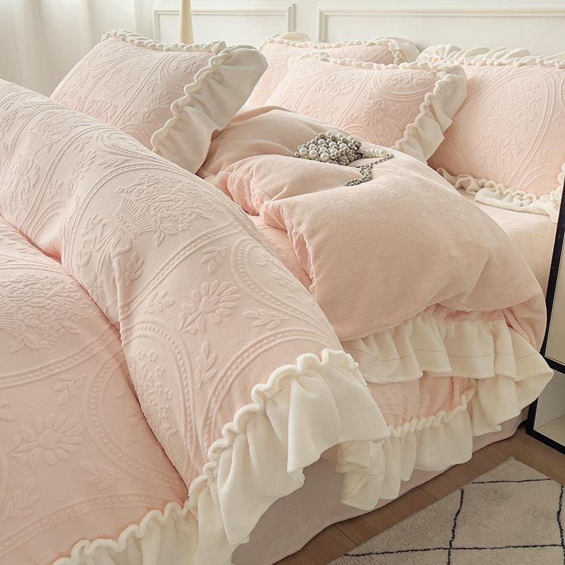 Double-Sided Thickened Milk Coral Fleece Bed Four-Piece Set Flannel Bedding Bed Skirt Fleece Sheet Quilt Cover