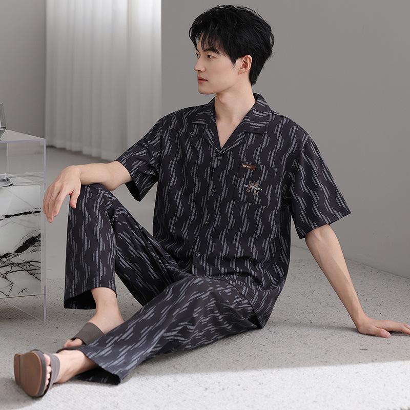 Modal men's pajamas summer thin short-sleeved trousers cold silk cool casual large size dad loungewear set