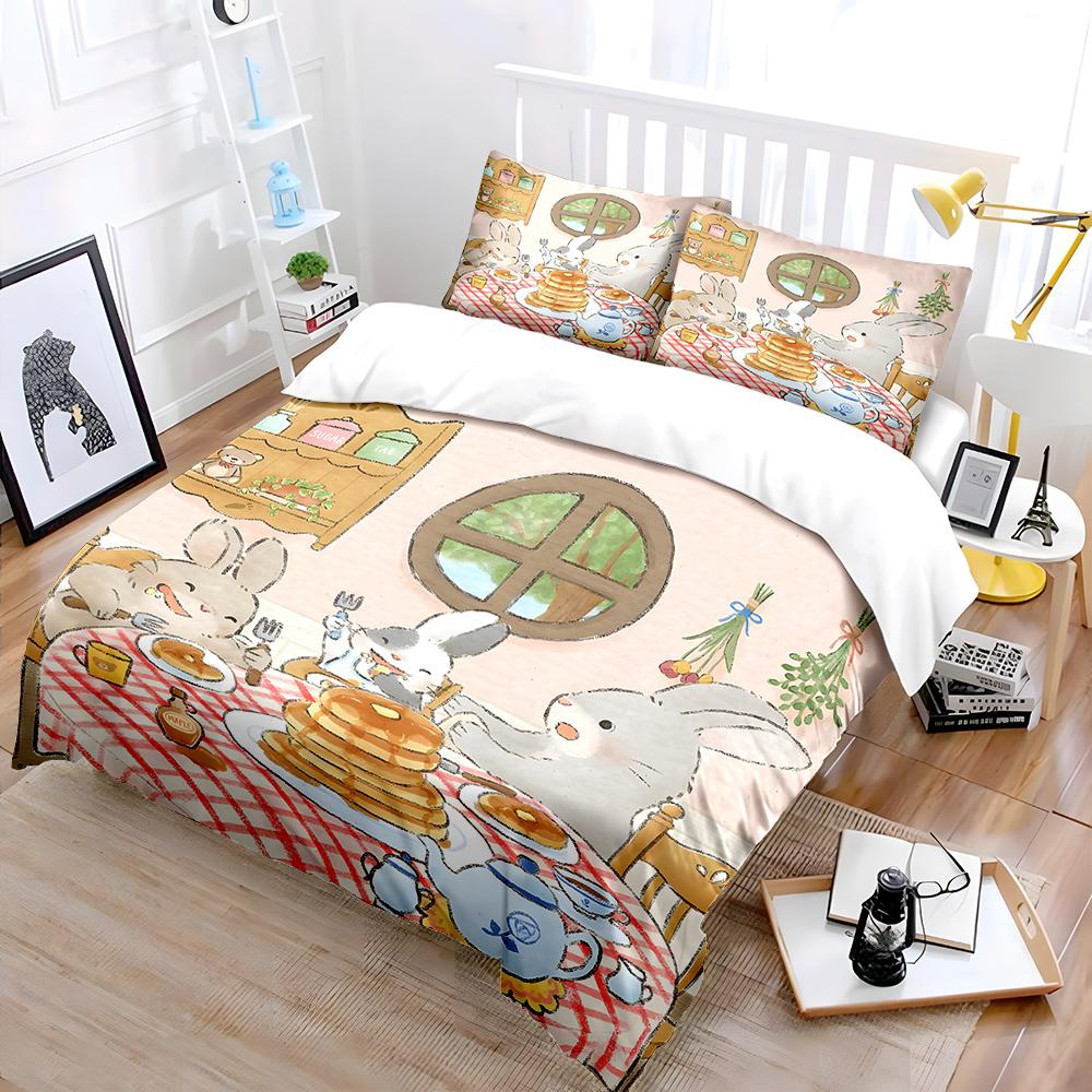Warm and Cozy Rabbit Family Dinner Theme Bedding Set for Kids Luxury Gift 3pcs Digital Print Comforter Set Soft Comfortable