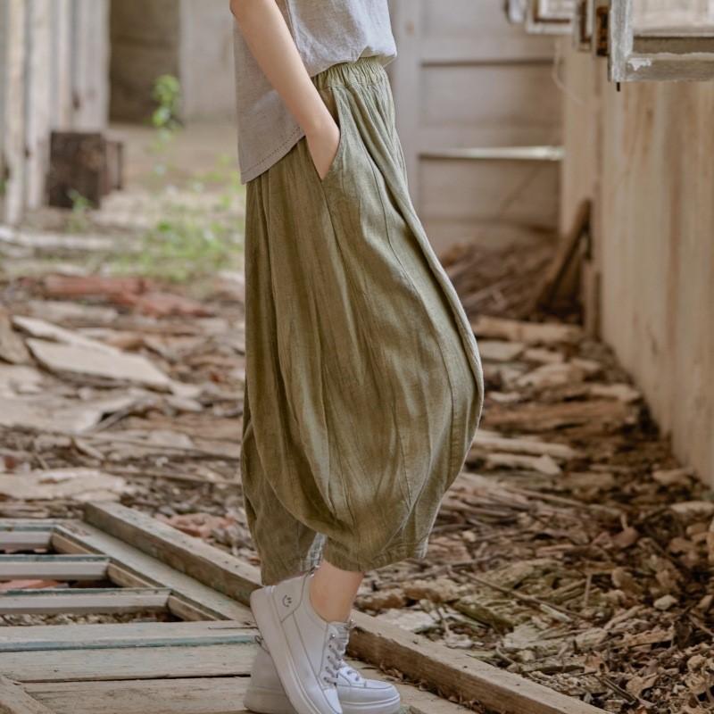 Johnature Women Vintage Wide Leg Pants Elastic Waist Solid Color Trousers Summer Loose Casual Female Pants