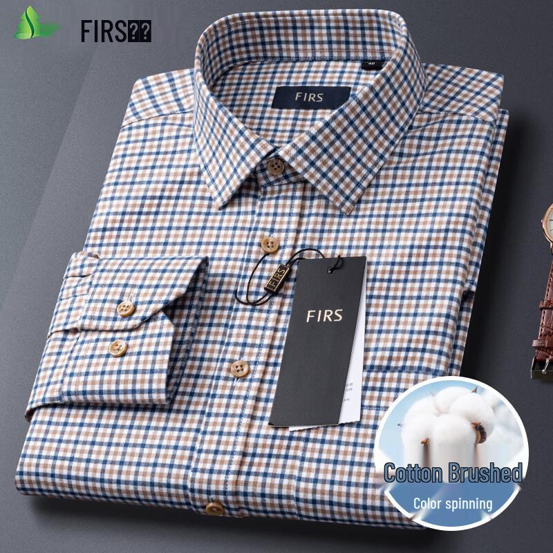 FIRS Men's Pure Cotton Brushed Plaid Long Sleeve Shirt