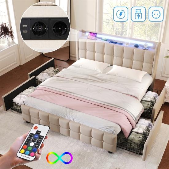 Soft Cushion Headboard Upholstered Bed with 2/4 Drawers USB Charging LED Light Metal Basket Strong Wood Slat Support Bed Bedroom